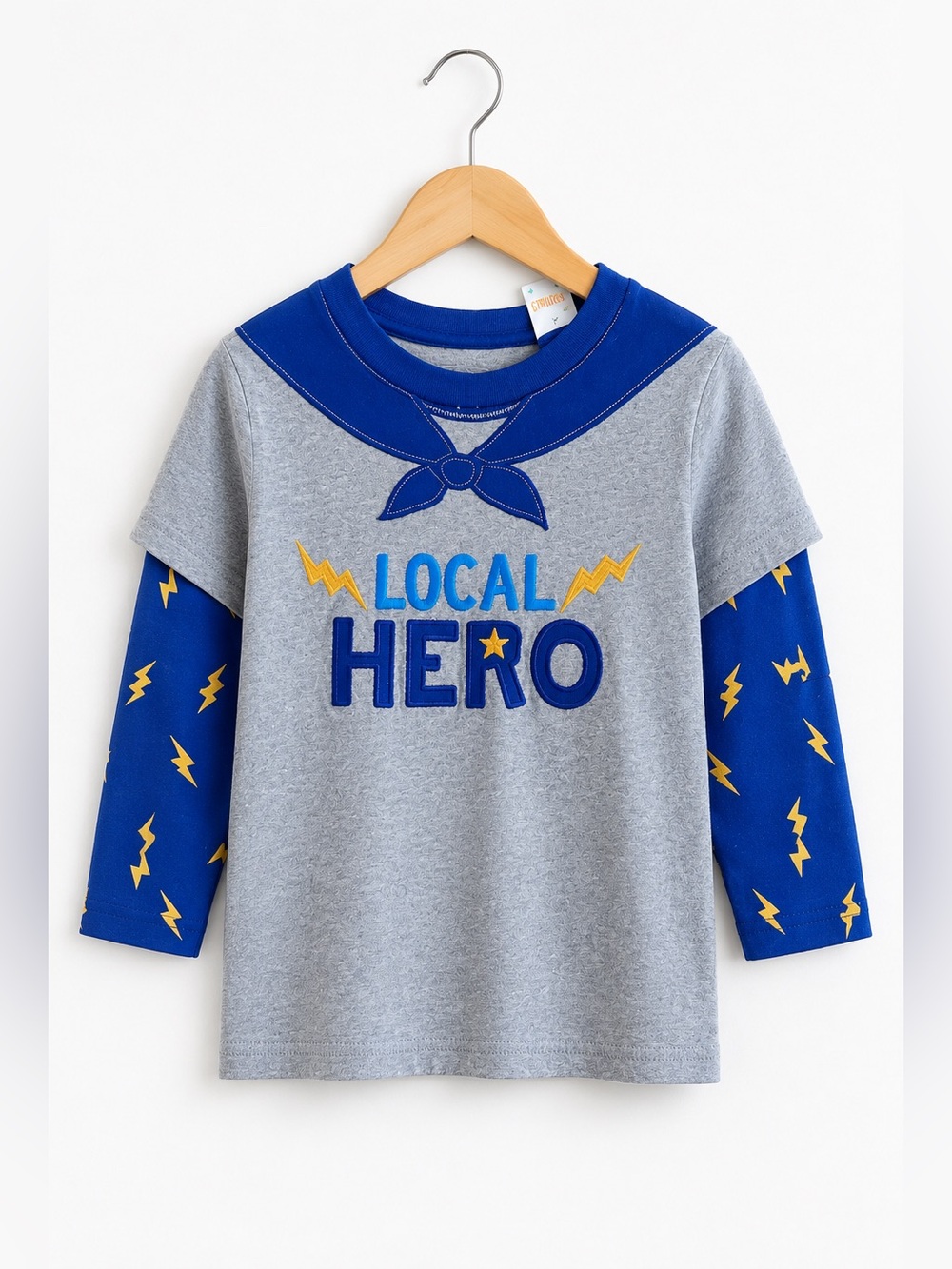 Gymboree Boys Shirt Size 2T Local Super Hero Cape Gray Blue Long Sleeve Star NEW